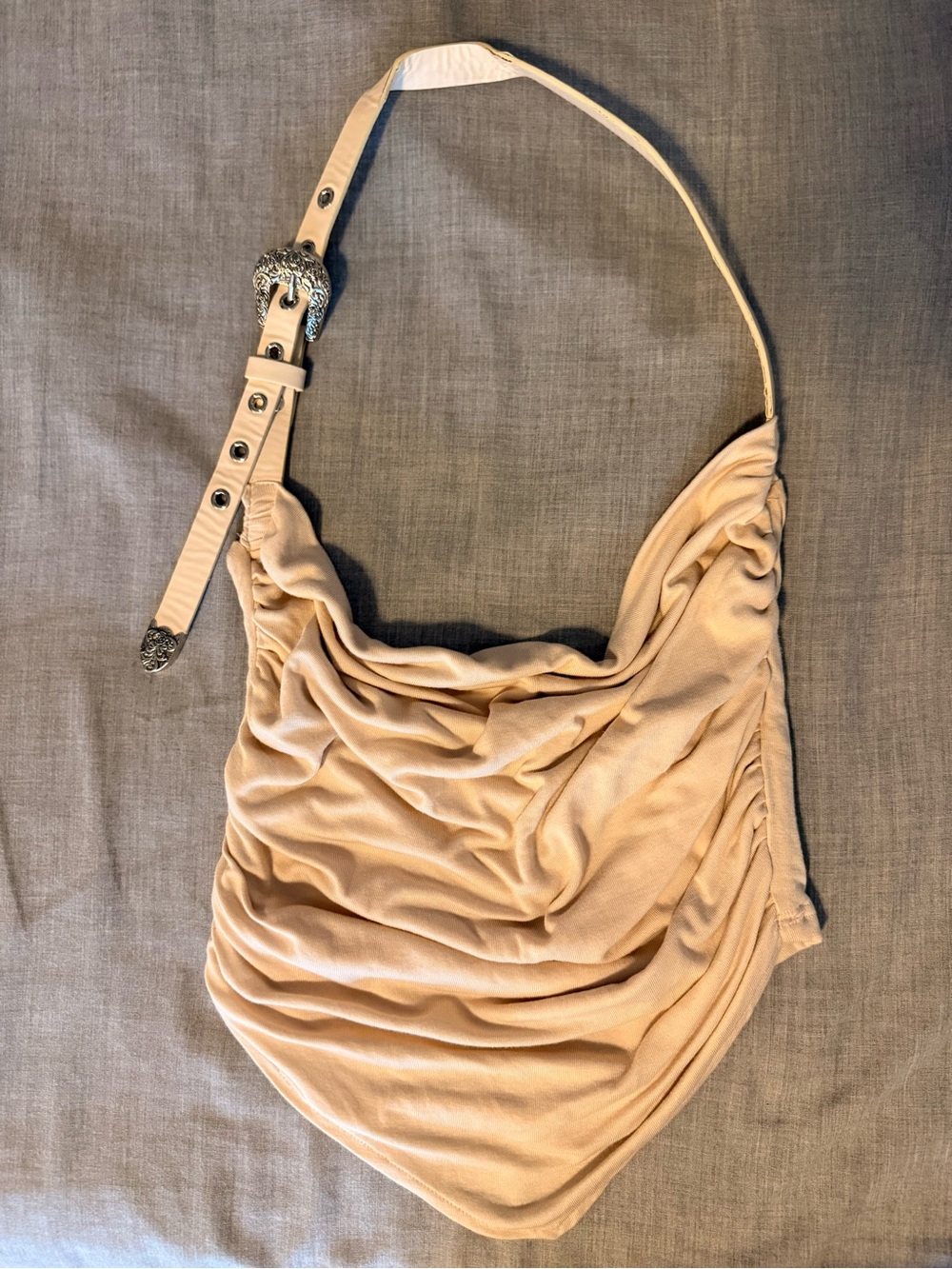 Windsor Ruched Beige Crop Top with Buckle Strap